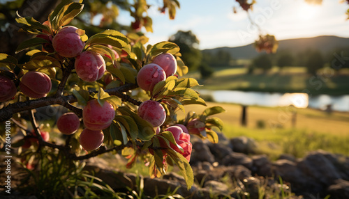 Freshness of autumn fruit in a rural meadow, close up generated by AI