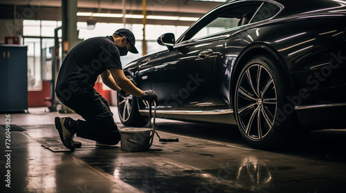 a well-organized auto detailing space, a man meticulously polishes a car, showcasing the artistry and precision in the world of automotive care