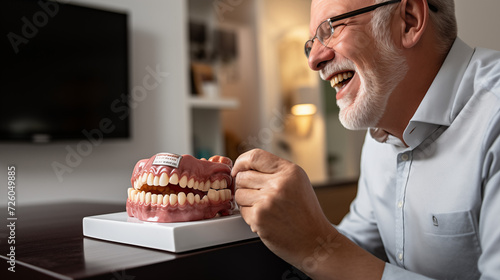 a dental clinic  a seasoned dentist imparts professional knowledge by showcasing details on a teeth model