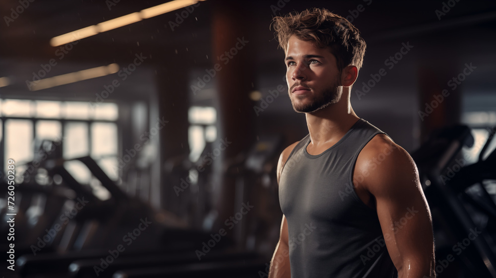 A skillfully captured moment freezes a handsome young sportsman in the act of warming up for his gym session