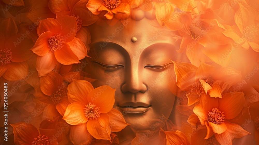 The tranquil face of a Buddha statue exudes serenity, nestled amidst a vibrant glow of warm orange marigold flowers.
