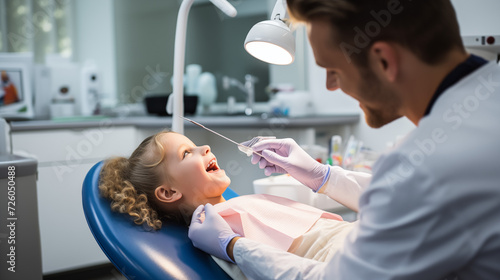 With a childish smile, the dentist gently examined the children's teeth photo