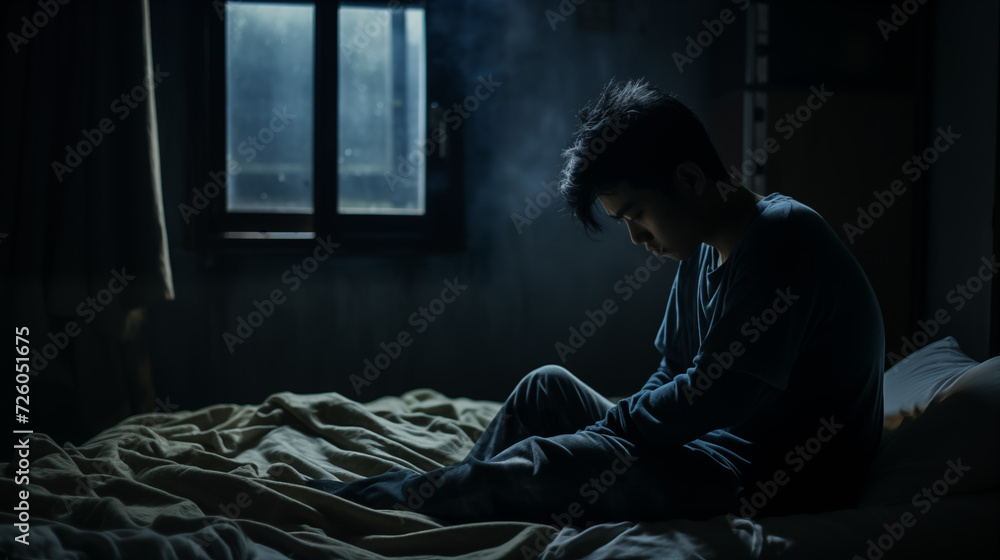 a depressed young Asian man sitting in bed, unable to sleep from insomnia