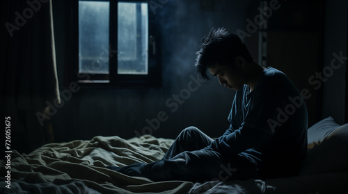 a depressed young Asian man sitting in bed, unable to sleep from insomnia photo