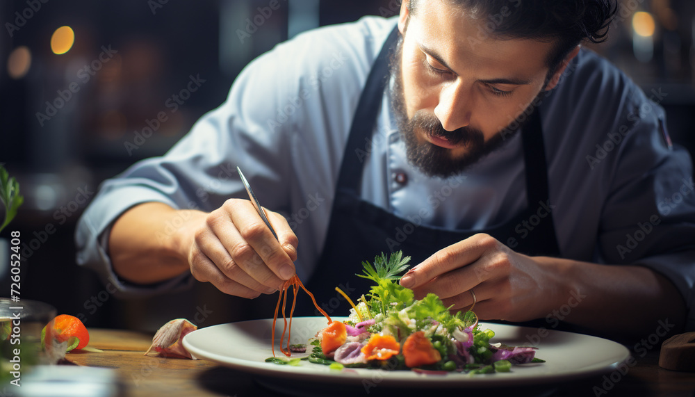 One man preparing fresh vegetarian salad, focused and smiling generated by AI One man preparing fresh vegetarian salad, focused and smiling generated by AI