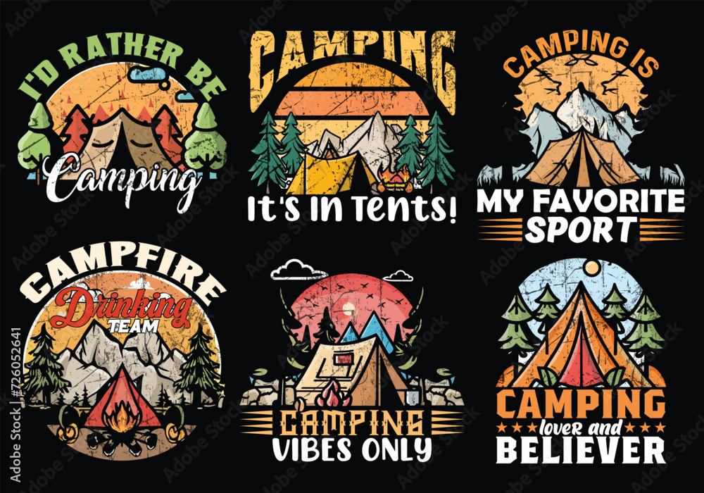 Outdoor adventure camping t shirt vector bundle set design camping adventure outdoor mountain design. camping, adventure, outdoor, mountain, hiking, campsite vibes, forest campfire, hiking and camping