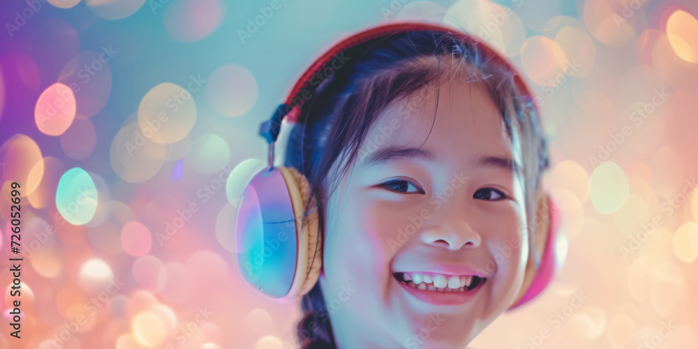 girl wearing headphones smiling, generative AI girl wearing headphones smiling, generative AI