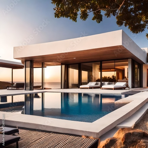create a picture of a very modern villa with pool made from concrete and natural wood in Ibiza with a very realistic suset in the back © Malik
