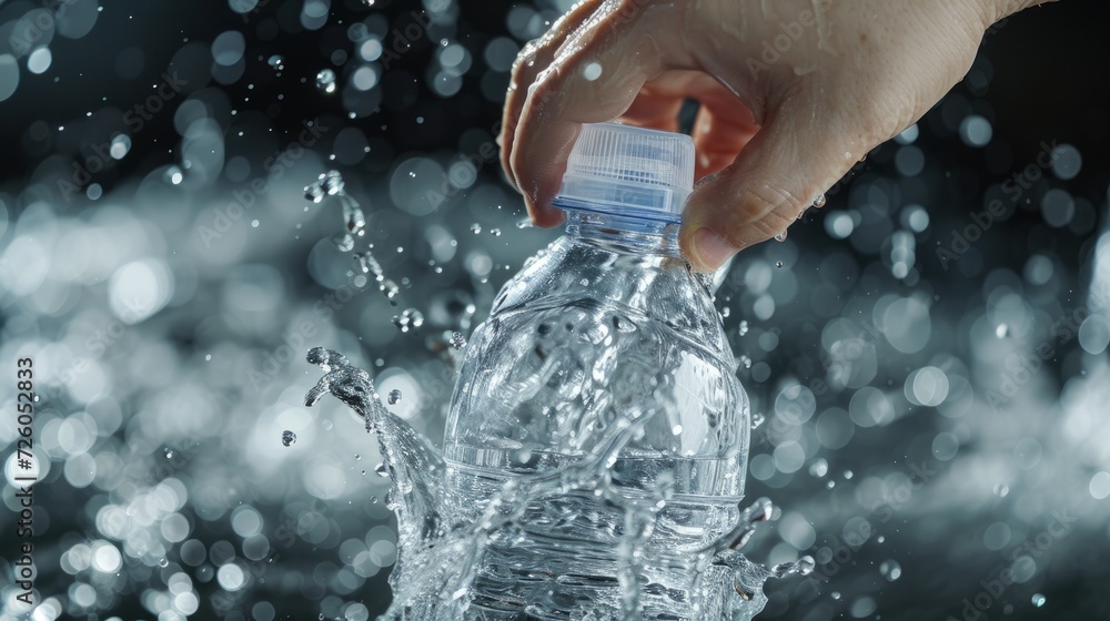 Fototapeta premium a person hand opening a plastic bottle of water. water splashes. abstract wallpaper background