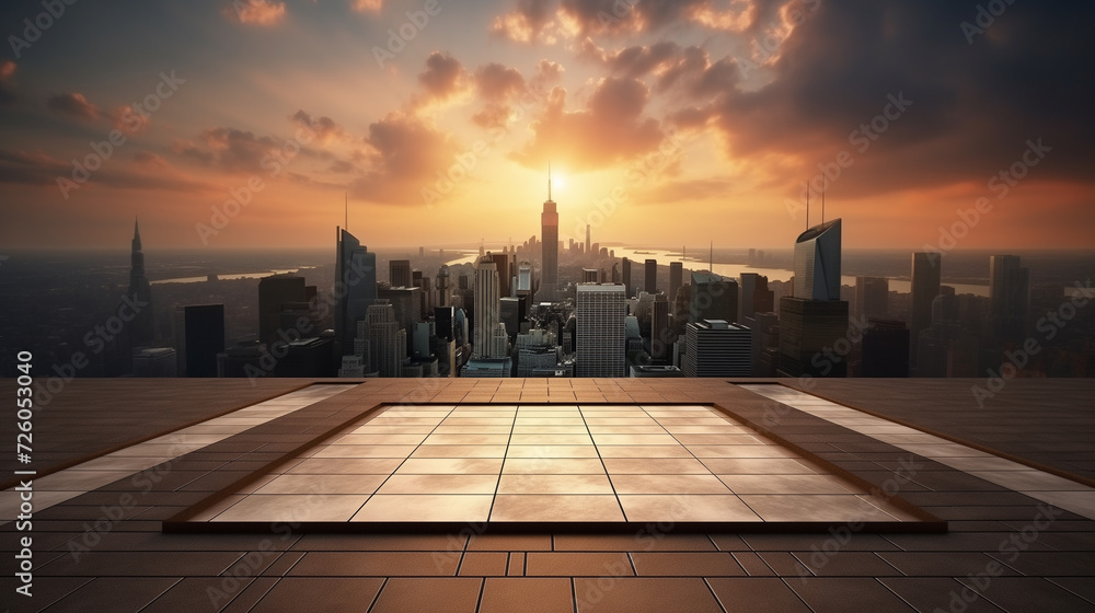 Urban Tranquility, Modern Buildings Silhouetted by Sunset from an Elevated Perspective.