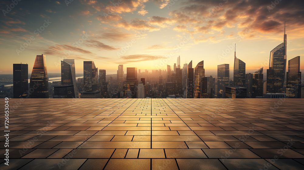 Sunset Over Structure, High Angle View of Empty Square Floors Against City Skyline.