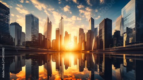 Sunset Reflection on Futuristic Skyscrapers Interconnected in a Modern Urban Skyline.