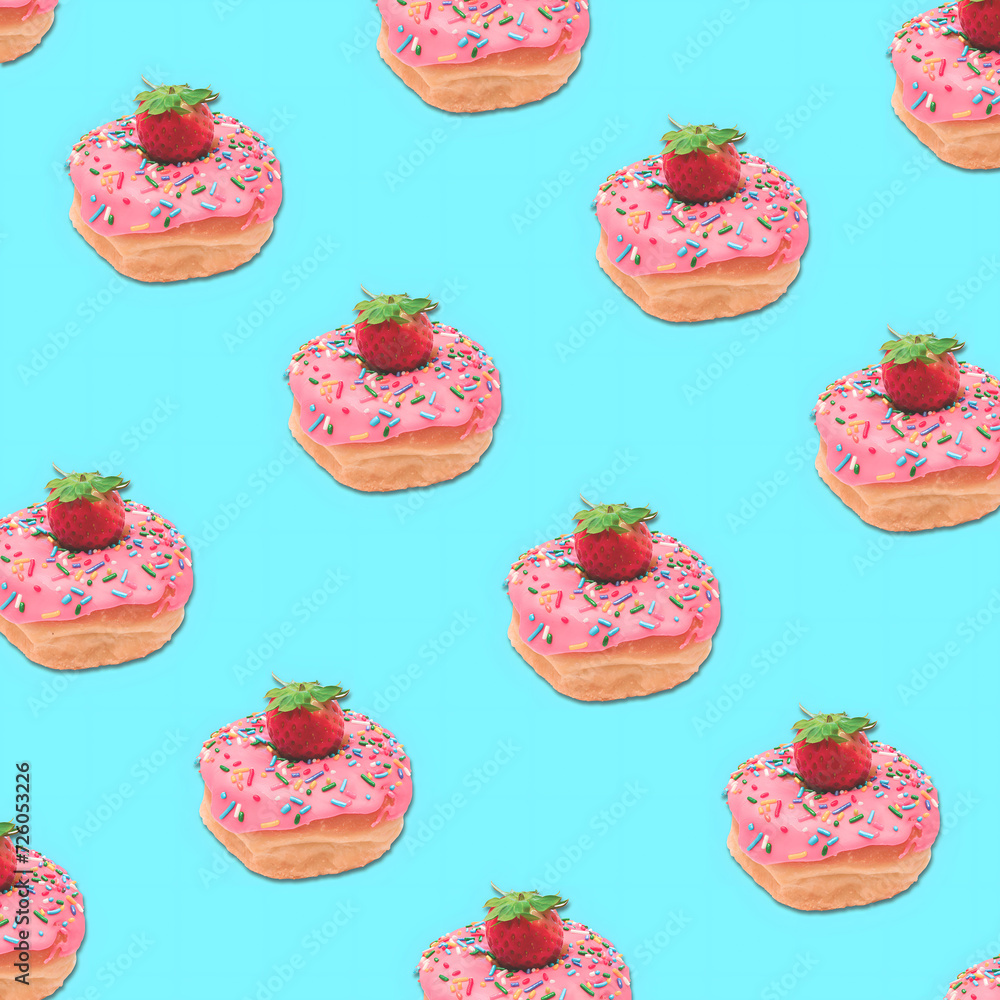 Pink donuts with sprinkles and a strawberry repeated pattern Pink donuts with sprinkles and a strawberry repeated pattern
