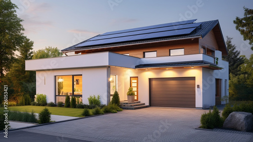 New suburban house with a photovoltaic system on the roof. Modern eco friendly passive house with solar panels on the gable roof, driveway and landscaped yard  photo