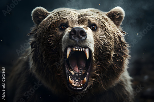 portrait of a menacing brown bear with an open mouth. wildlife and animals photo