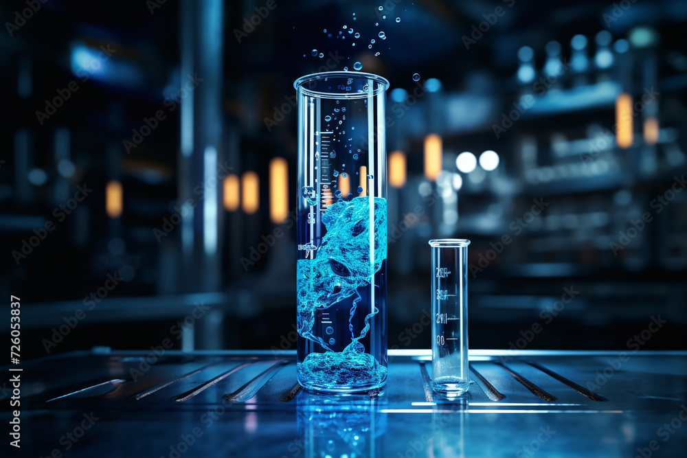 Chemical reaction of blue liquid in raduated cylinder in labolatory - obrazy, fototapety, plakaty 