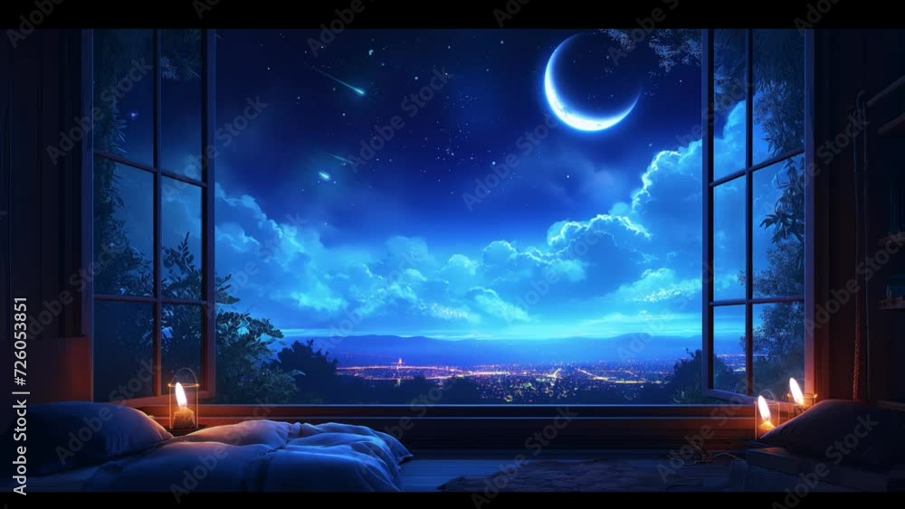Open room window with view of the crescent moon in the night sky. seamless looping 4k time-lapse animated video background