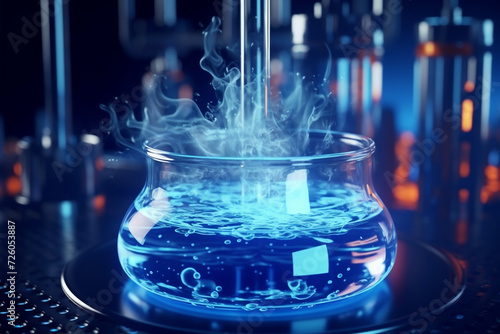 Chemical reaction of blue liquid in raduated cylinder in labolatory