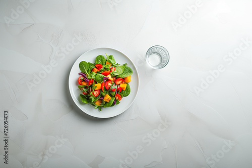 salad on white plate and table, top down, copy space, delicious