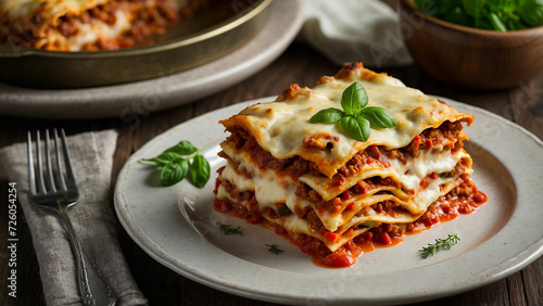 zucchini lasagna in intricate detail, highlighting the layers of thinly sliced zucchini, rich tomato sauce, creamy béchamel, and melted cheese in traditional plate presentation