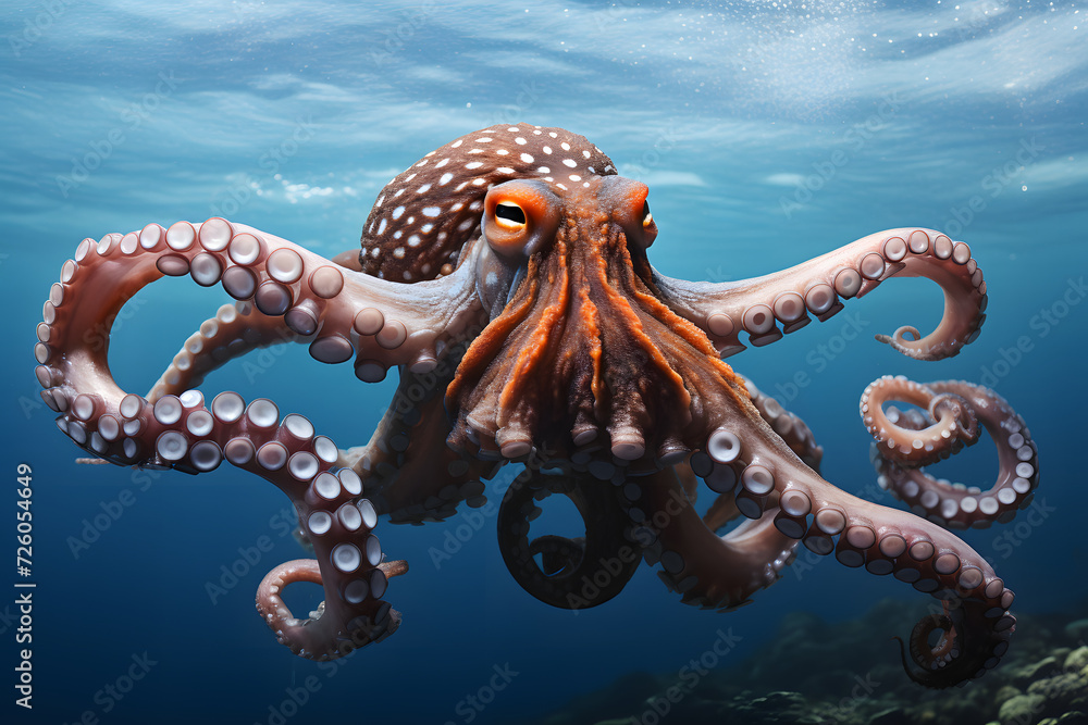 large octopus swims in the ocean. marine fauna. underwater animals large octopus swims in the ocean. marine fauna. underwater animals