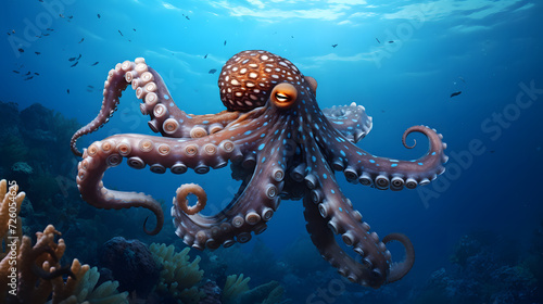 large octopus swims in the ocean. marine fauna. underwater animals