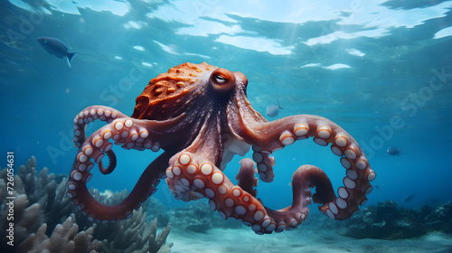 large octopus swims in the ocean. marine fauna. underwater animals