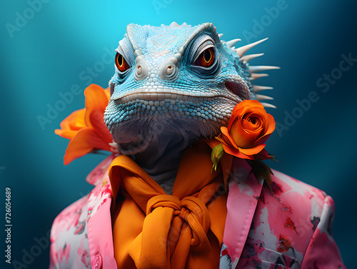 portrait of a chameleon iguana wearing glasses and fashionable stylish clothes