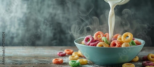 Milk being poured into a bowl of colorful cereal rings on a wooden table next to a gray grunge wall. photo