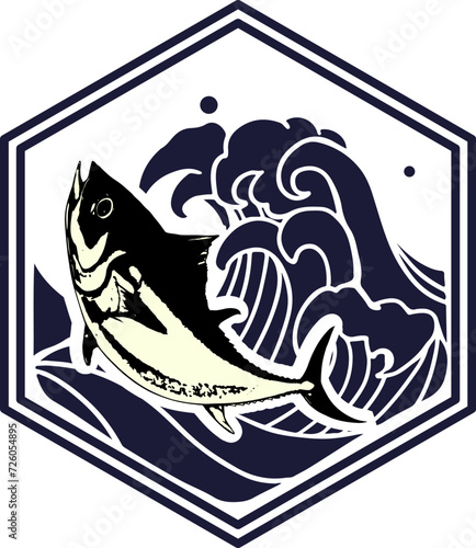 ジャンプするマグロと波のマーク