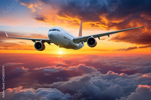 Komercyjny samolot odrzutowy lata nad chmury w pięknym zmierzchu świetle.