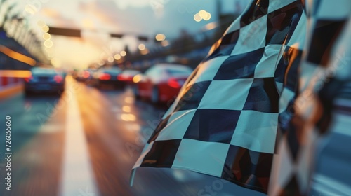 A closeup of the checkered flag being waved frantically as a blur of cars rush past in a highspeed race.