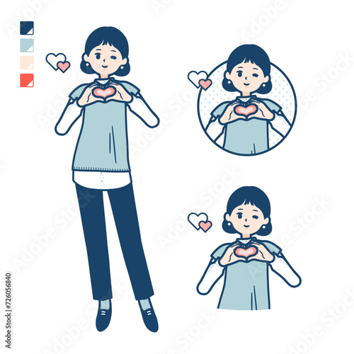 ニットベスト女性が手でハートマークを作っているイラスト