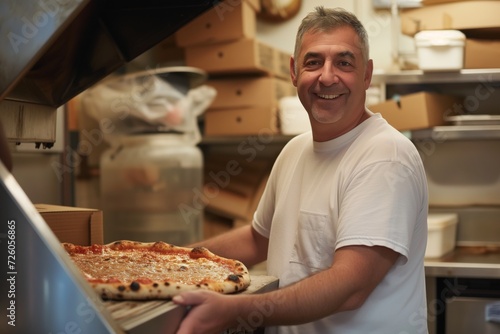 Smiling Mature man baking pizza at an Italian Restaurant brick oven