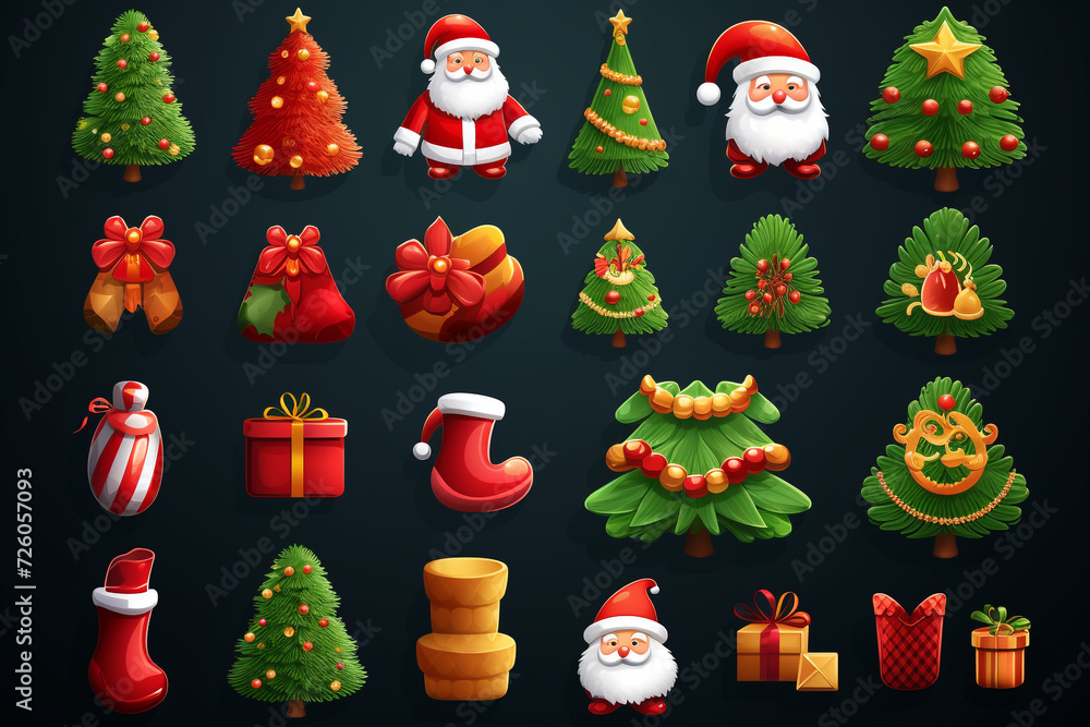 Christmas icons set. Santa Claus, holly, gift box, bottle, sock, snowflake, christmas tree, santa hat. 3d objects