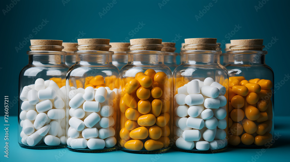 medical capsules with vitamins and medicines in jars. pharmacology and medicine medical capsules with vitamins and medicines in jars. pharmacology and medicine