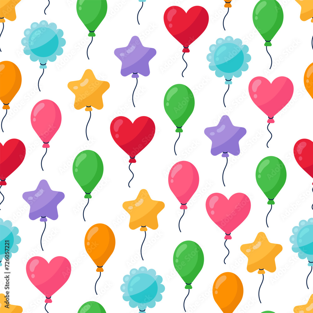 Balloons seamless vector pattern. Colorful toys of various shapes - star, heart, ball, flower. Flying surprise for a party, birthday, event. Funny festive decoration on a string. Cartoon background