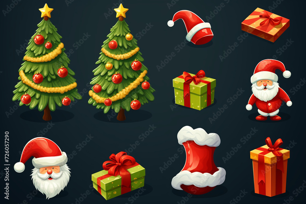 Christmas icons set. Santa Claus, holly, gift box, bottle, sock, snowflake, christmas tree, santa hat. 3d objects Christmas icons set. Santa Claus, holly, gift box, bottle, sock, snowflake, christmas tree, santa hat. 3d objects