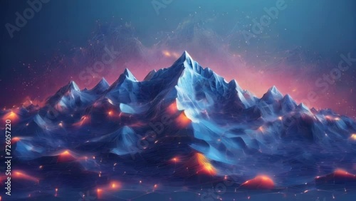 Abstract digital mountains range landscape with glowing light dots, motion