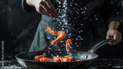Shrimp being fried on pan with water splashes