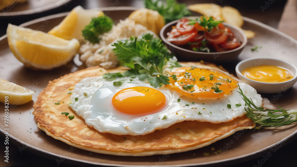 close up of a plate of food on the table, there is real fish and fried egg in one plate by Sasha Putraya, [4k Photorealism]!!, fish made from pancakes, aji de gallina, 8k very detailed.