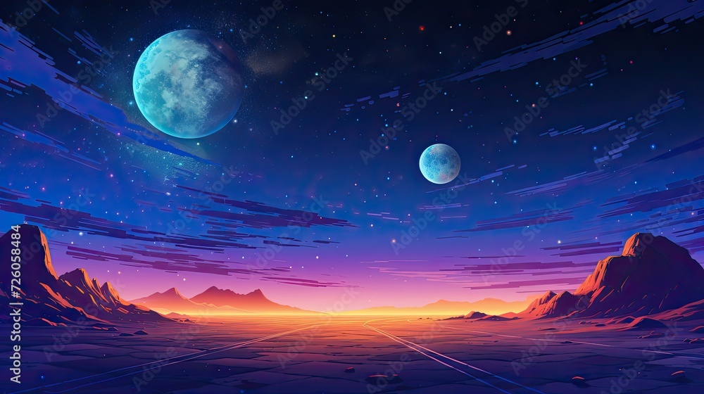 Beautiful Cosmic Scene, Crescent Moon in Sky Galaxy with Planets in the Background, Alien Planet in Space Starry Sky Color Palette, Simple Background Beautiful Cosmic Scene, Crescent Moon in Sky Galaxy with Planets in the Background, Alien Planet in Space Starry Sky Color Palette, Simple Background