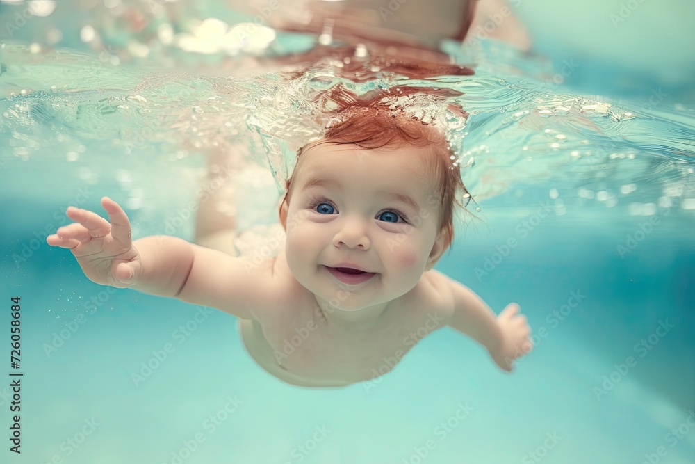 Adorable baby experiencing the joy of swimming in a pool first time. With a big smile on face