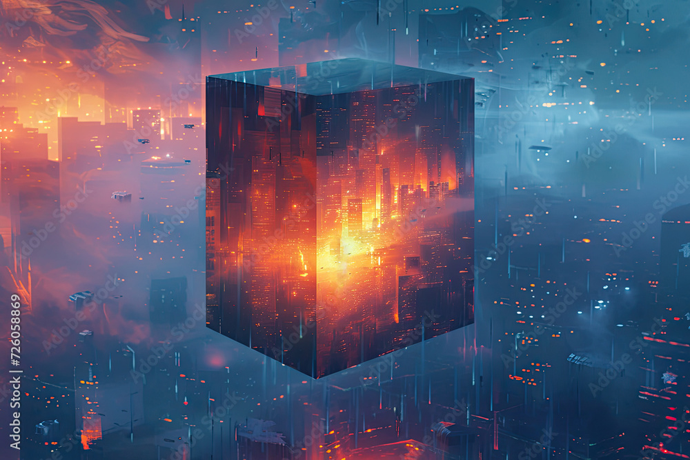 3D Cube Blocks Floating, Cube Luminous Reflecting or Projecting Scene, Inception, Optical Illusion, Cinematic, Night City Background