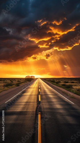 Asphalt Desert Road at Sunset, Ground and Mountain Landscape with a Storm Brewing Rain on a Lonely Texas Highway. Golden Hour Scenery