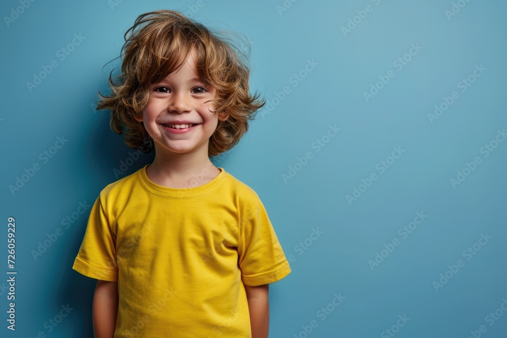 Child in yellow shirt happily smiling on blue background. Child in yellow shirt happily smiling on blue background.