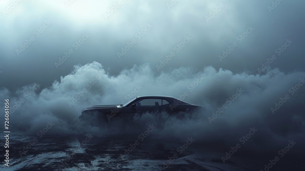 Thick billowing smoke envelops a clic cars silhouette adding a touch of intrigue and making it seem like its emerged from a foggy underworld.