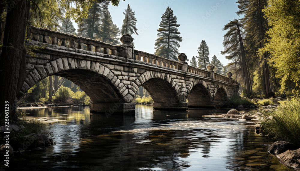 Tranquil autumn landscape ancient bridge reflects nature beauty generated by AI