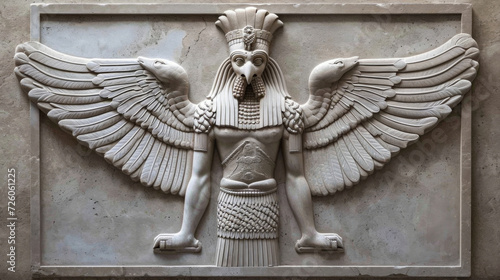 A winged serpent with a regal crown and a benevolent gaze representing the seraphim in Babylonian mythology. photo