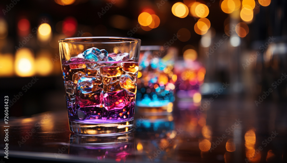 A luxurious bar counter illuminated with multi colored lights generated by AI A luxurious bar counter illuminated with multi colored lights generated by AI